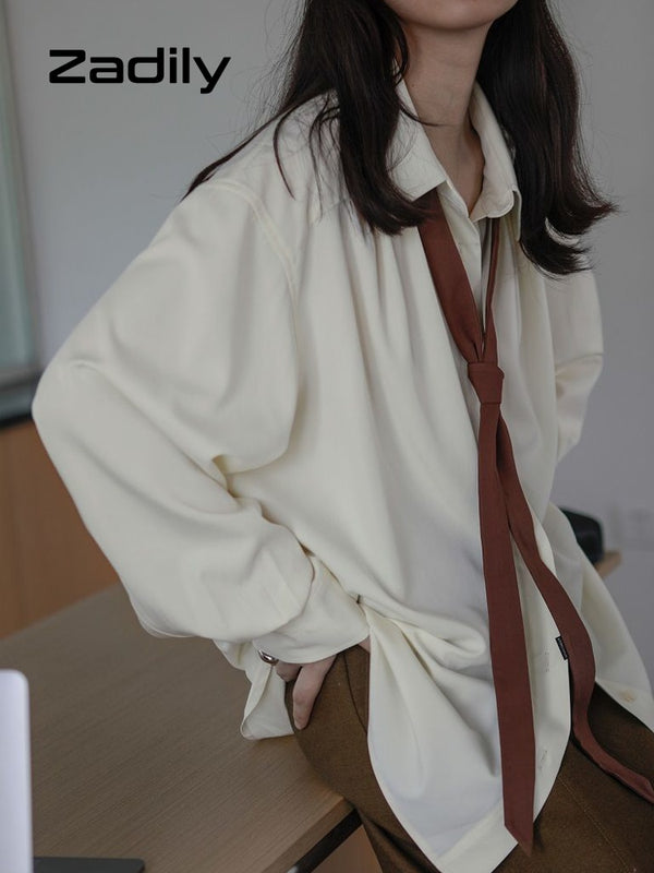 Zadily 2022 Summer Minimalist Long Sleeve Button Up Shirt Women Korean Style Solid Tie Oversize Shirts Blouse Loose Clothes Tops