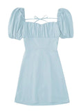 XNWMNZ women white fashion linen blend dress female square neck short puff sleeves backless crossover straps dress for women's