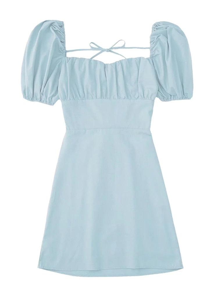 XNWMNZ women white fashion linen blend dress female square neck short puff sleeves backless crossover straps dress for women's