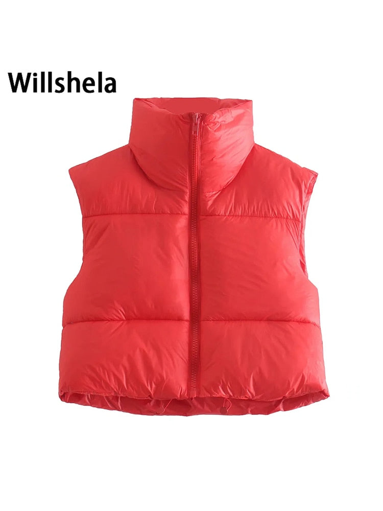 Willshela Women Fashion High Neck Cropped Waistcoat Puff Vest Casual Woman Sleeveless Jacket Chic Lady Winter Warm Outfits