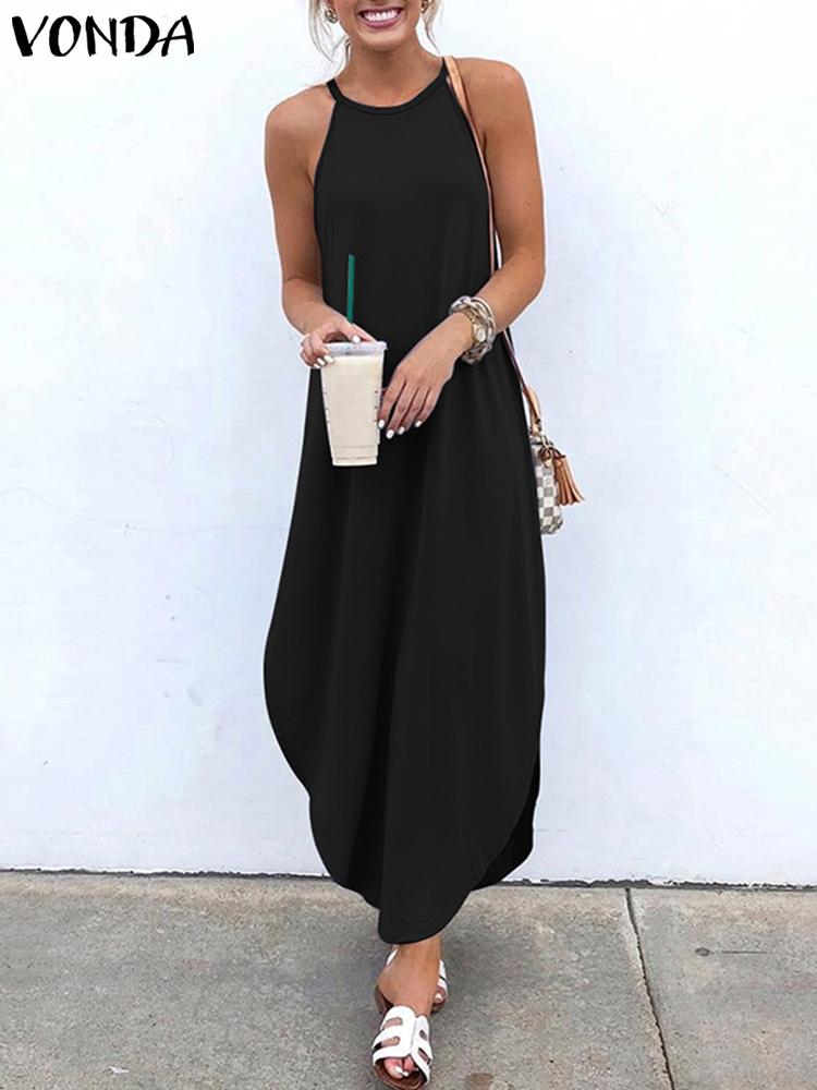 Printed Maxi Dresses VONDA Bohemian Sexy Sleeveless Sundress Women Causal Halter Summer Beach Dress Asymmetric Long Dresses