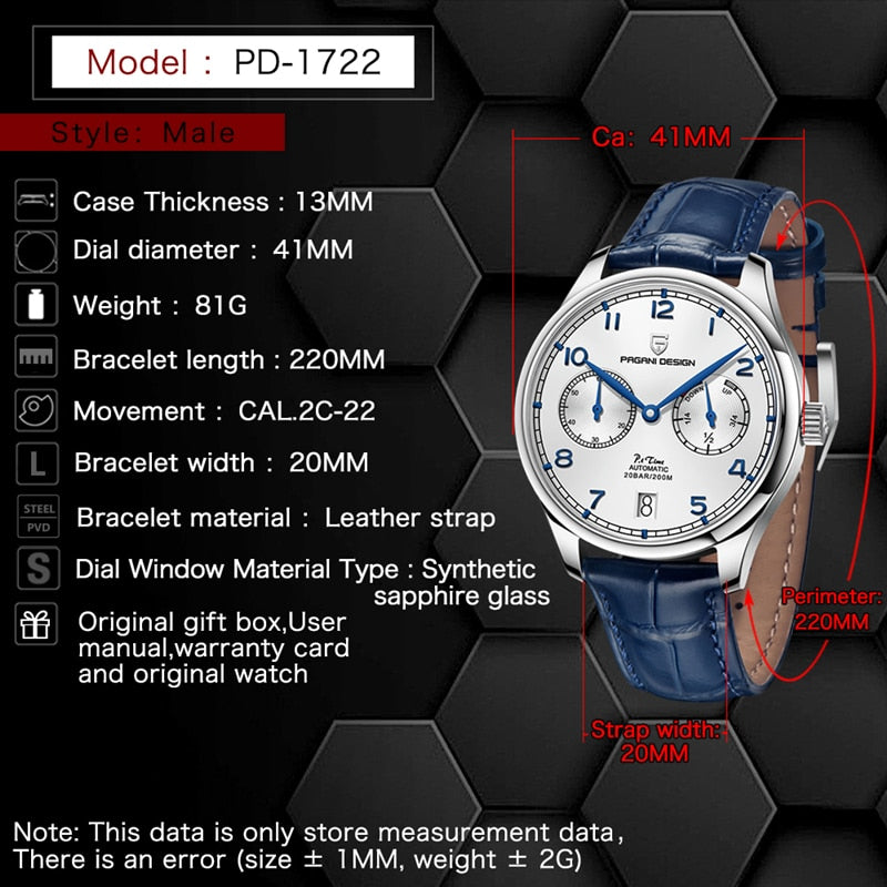 PAGANI DESIGN 41MM Pilot Watch Sapphire Glass Power Reserve Automatic Mechanical Watches Men&
