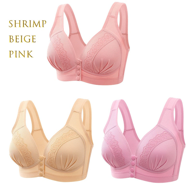 3PCS New Arrival Large Size Front Button Comfortable Gather Bra Breathable Thin Section Without Steel Ring Women Underwear 105