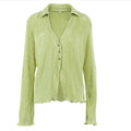 Ladies Shirt Suits Pleated Notched Single-Breasted Female Cardigan Two-Piece Loose Shirts and High-Waist Wide-Leg Pants Sets