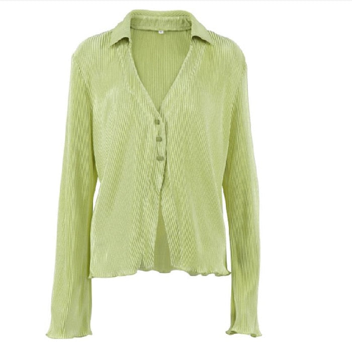 Ladies Shirt Suits Pleated Notched Single-Breasted Female Cardigan Two-Piece Loose Shirts and High-Waist Wide-Leg Pants Sets