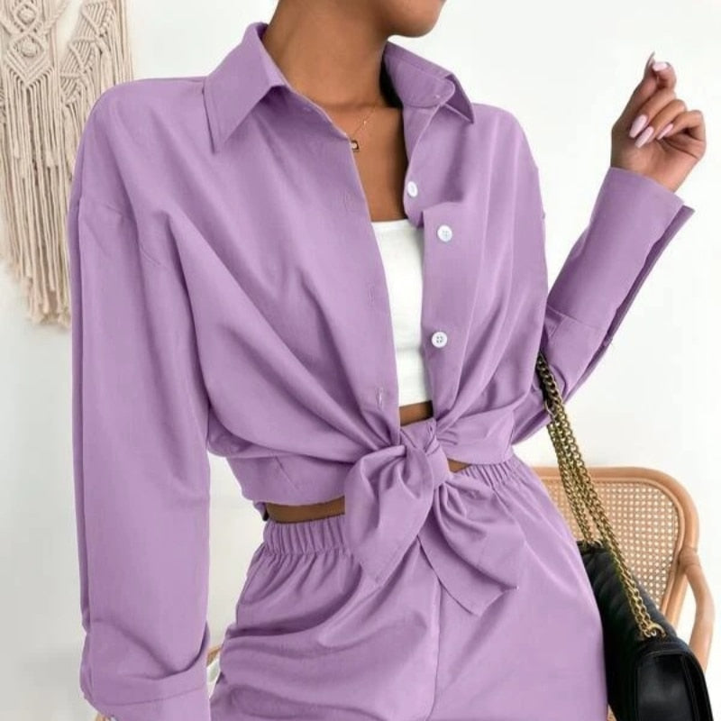 Print Shorts Suits Woman Vintage Long Sleeve Shirt And Short Pants Suit Two Piece Set Female Casual Outfit