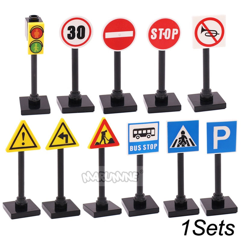 Marumine Traffic Road Sign Light Lamp Block Brick City Street View Accessories Signpost Barrier Speed Limit Indicator Warning