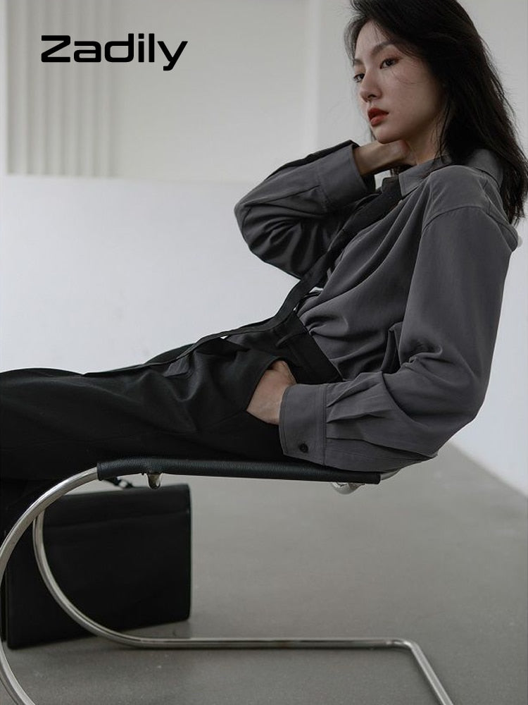 Zadily 2022 Summer Minimalist Long Sleeve Button Up Shirt Women Korean Style Solid Tie Oversize Shirts Blouse Loose Clothes Tops
