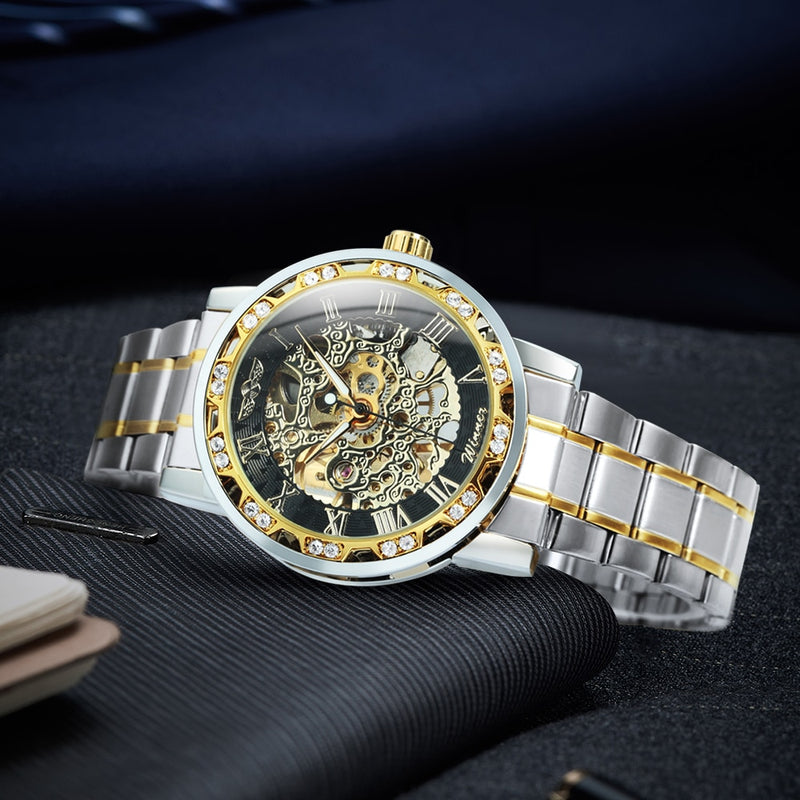 WINNER Transparent Skeleton Watch for Men Mechanical Wristwatches Diamond Watches Mens Luxury Stainless Steel Strap Unisex Clock