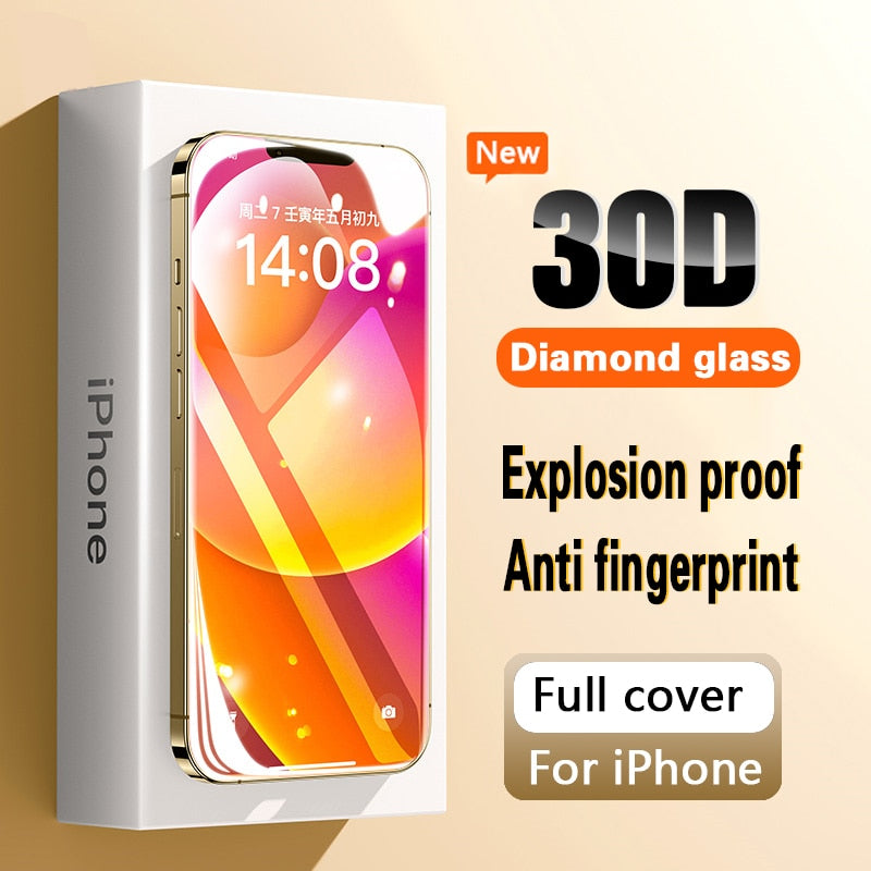 30D Diamond New upgrade Full Cover Screen Glass For iPhone 13 14 12 11 Pro Max Mini XR X XR XS Tempered Glass Screen Protector