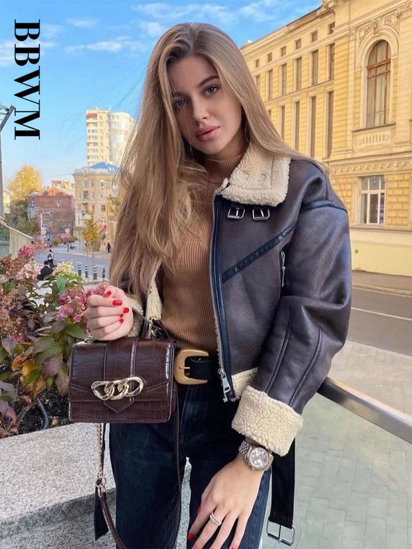2022 BBWM woman&#39;s Fashion Thick Warm Faux Shearling Jacket Coat Vintage Long Sleeve Belt Hem Female Outerwear Chic Tops