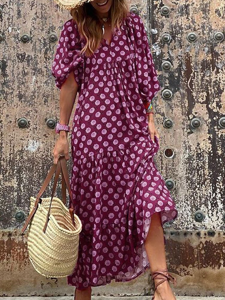 Boho Maxi Dress Women Floral Print Summer Holiday Beach Dress Female Short Puff Sleeve Loose Sundress Green Vestidos Mujer