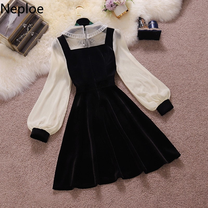 Neploe Vintage Velvet Black Dress Stand Neck Lantern Sleeve Party Robe High Waist Slim Vestidos Korean Elegant Dresses Women