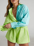 Casual Womem Yellow Lounge Wear Summer Tracksuit Shorts Set Long Sleeve Shirt Tops And Mini Shorts Suit 2021 New Two Piece Set
