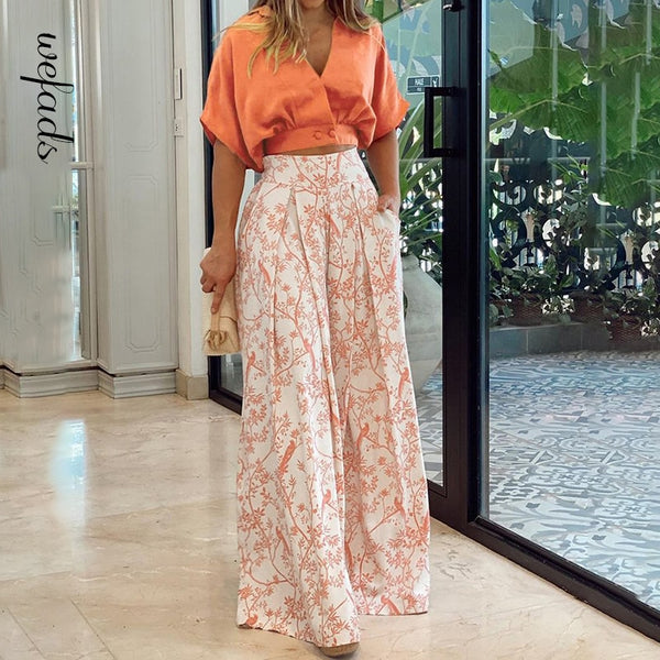 Wefads Womens Two Piece Sets Sexy Mid Sleeve Shirt Elgant Floral Print Wide Leg Pant High Streetwear