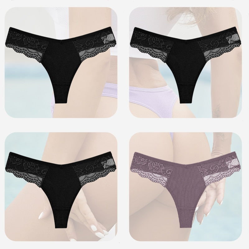 4PCS/Set Sexy Women Cotton Panties Lace Thong Underwear for Female Intimates Lingerie T-Back Floral Hollow Out Plus Size Panties