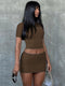 Hugcitar Letter Print Solid Turtleneck Short Sleeves Crop Top Skirts 2 Pcs Set Sexy Slim Summer Fashion Outfit Streetwear Sports