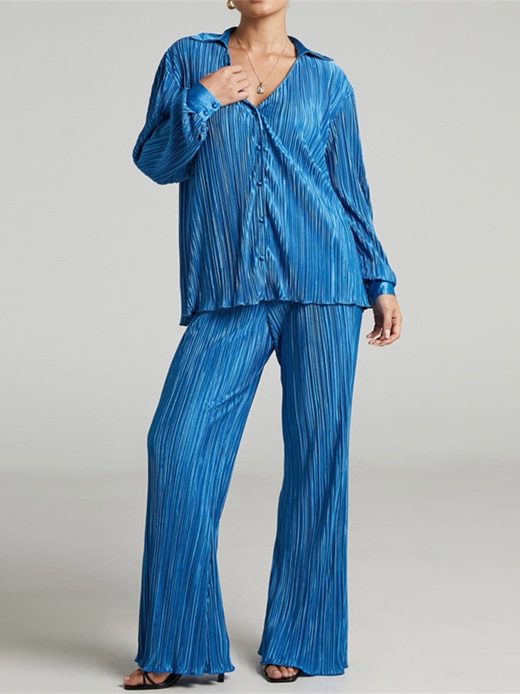 Ladies Shirt Suits Pleated Notched Single-Breasted Female Cardigan Two-Piece Loose Shirts and High-Waist Wide-Leg Pants Sets