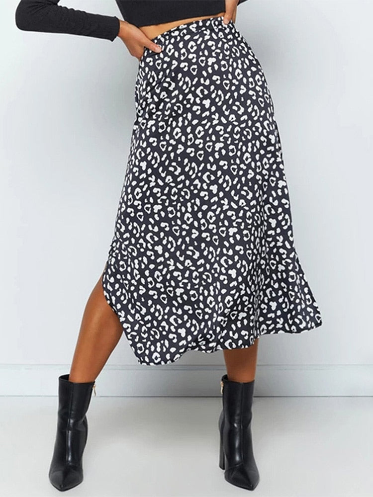 2022 New Sexy Leopard Print Chiffon Split Skirt Casual Fashion Long Skirts for Women Spring Summer Zip Elegant Female Skirt