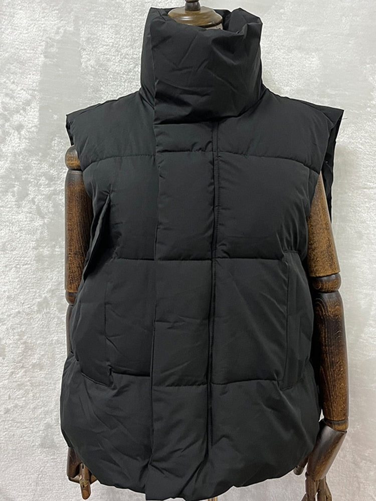 Women Thick Down Cotton Vest Winter Autumn Solid Puffer Waistcoat for Female Stand Collar Loose Sleeveless Vest Jacket Coat