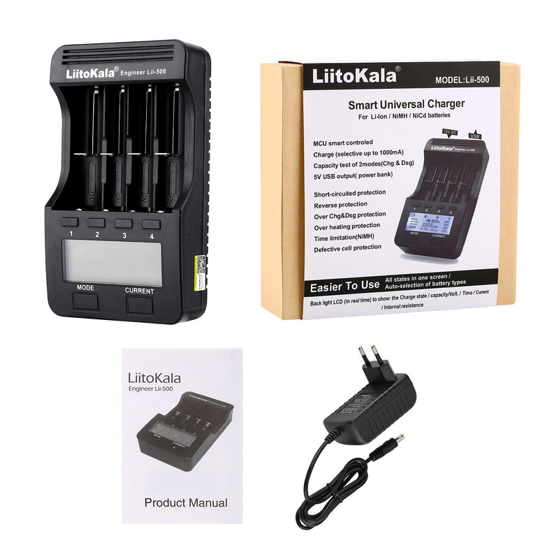 LiitoKala lii-500 LCD 3.7V/1.2V AA/AAA 18650/26650/16340/14500/10440/18500 Battery Charger with screen+12V2A adapter lii500 5V1A