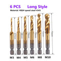 1-6pc M3 M4 M5 M6 M8 M10 Tap Drill Bits 1/4 Hex Shank Machine Hand Taps Titanium Coated HSS Drilling Tap Bits Thread Screw Tools