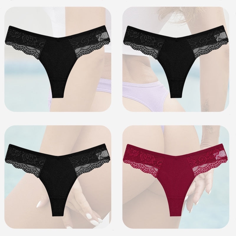 4PCS/Set Sexy Women Cotton Panties Lace Thong Underwear for Female Intimates Lingerie T-Back Floral Hollow Out Plus Size Panties