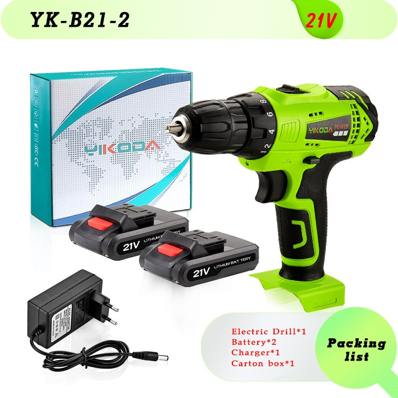 YIKODA 12V 16.8V 21V 25V Electric Screwdriver Cordless Drill Rechargeable Lithium Battery Mini Wireless Power Driver Tools