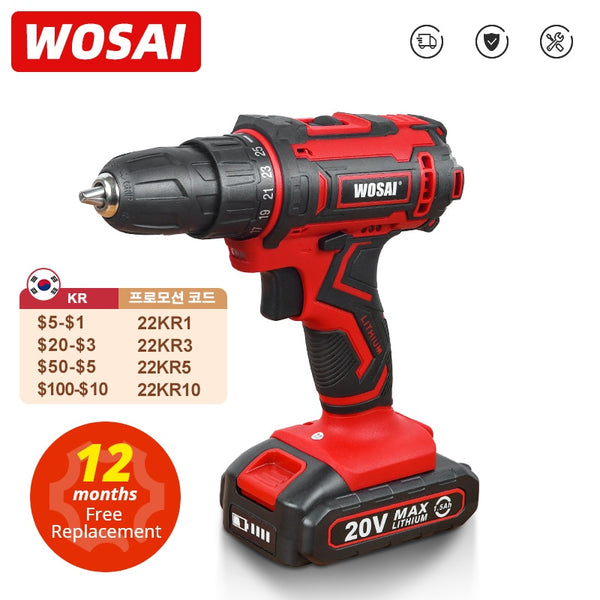 WOSAI New 20V Cordless Drill Electric Screwdriver Mini Wireless Power Driver DC Lithium-Ion Battery 3/8-Inch 2 Speed Power Tools