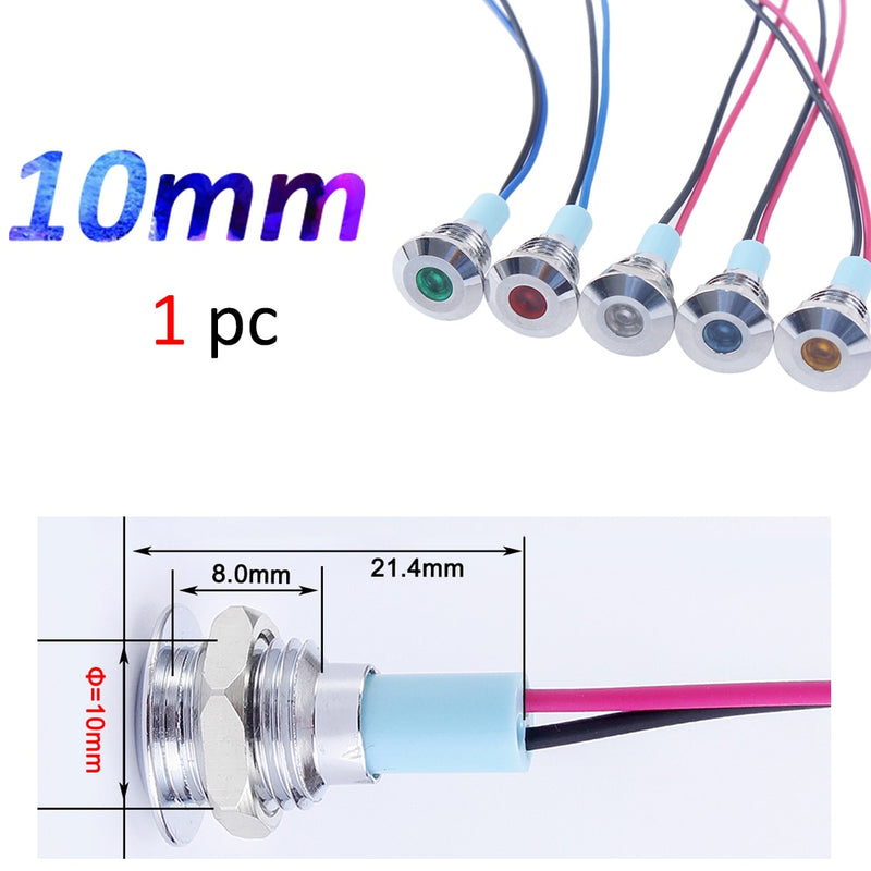 1pc 6mm 8mm 10mm 12mm Metal LED Warning indicator light Waterproof IP67 Signal Lamp Pilot Wires switch 3V 5V 12V 220V Red Blue