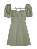 XNWMNZ women white fashion linen blend dress female square neck short puff sleeves backless crossover straps dress for women's