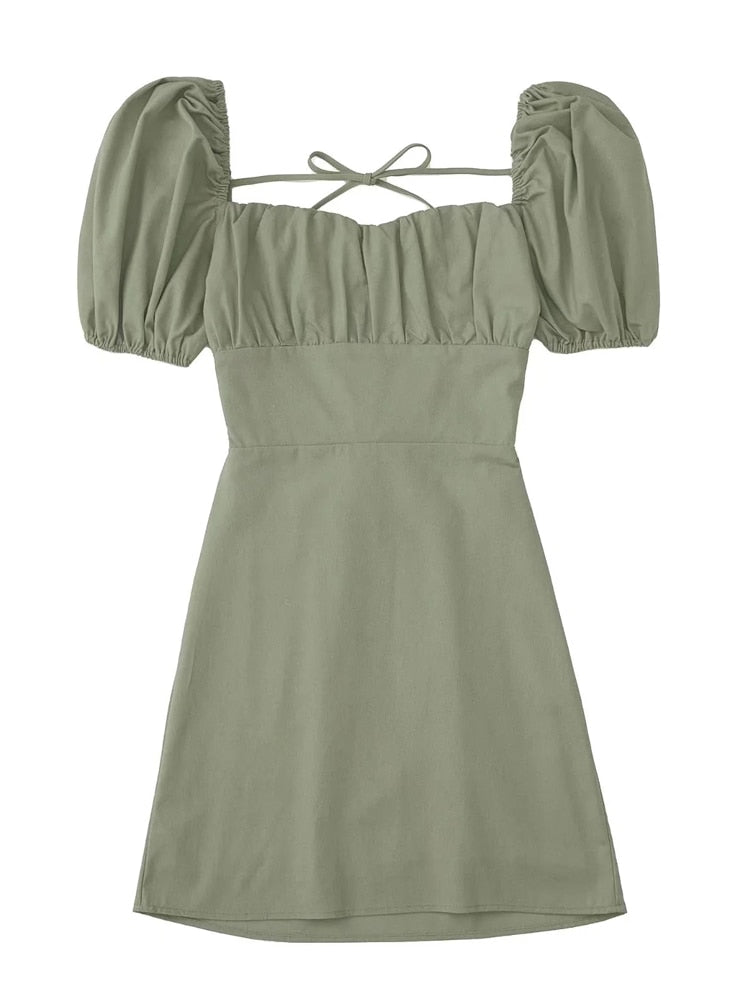 XNWMNZ women white fashion linen blend dress female square neck short puff sleeves backless crossover straps dress for women's