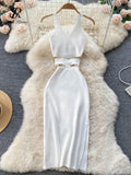 SINGREINY Summer Knit Sexy Strap Dress Women Hollow Out Elatic Waist Bodycon Sundress Female Beach Split Backless Long Dress