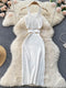 SINGREINY Summer Knit Sexy Strap Dress Women Hollow Out Elatic Waist Bodycon Sundress Female Beach Split Backless Long Dress