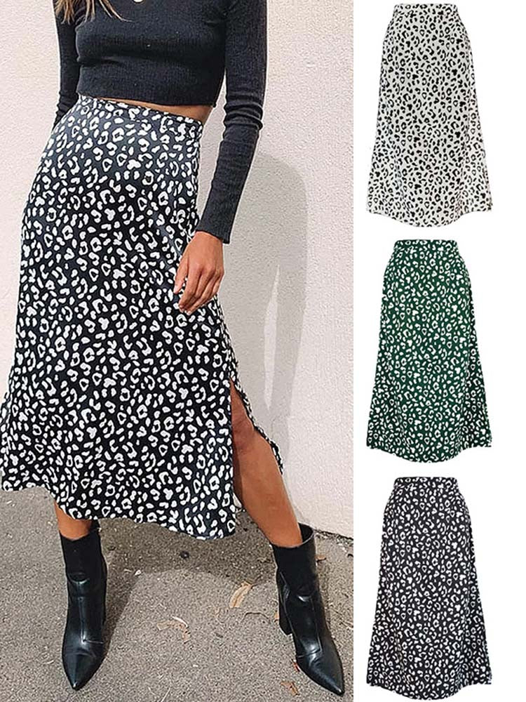 2022 New Sexy Leopard Print Chiffon Split Skirt Casual Fashion Long Skirts for Women Spring Summer Zip Elegant Female Skirt
