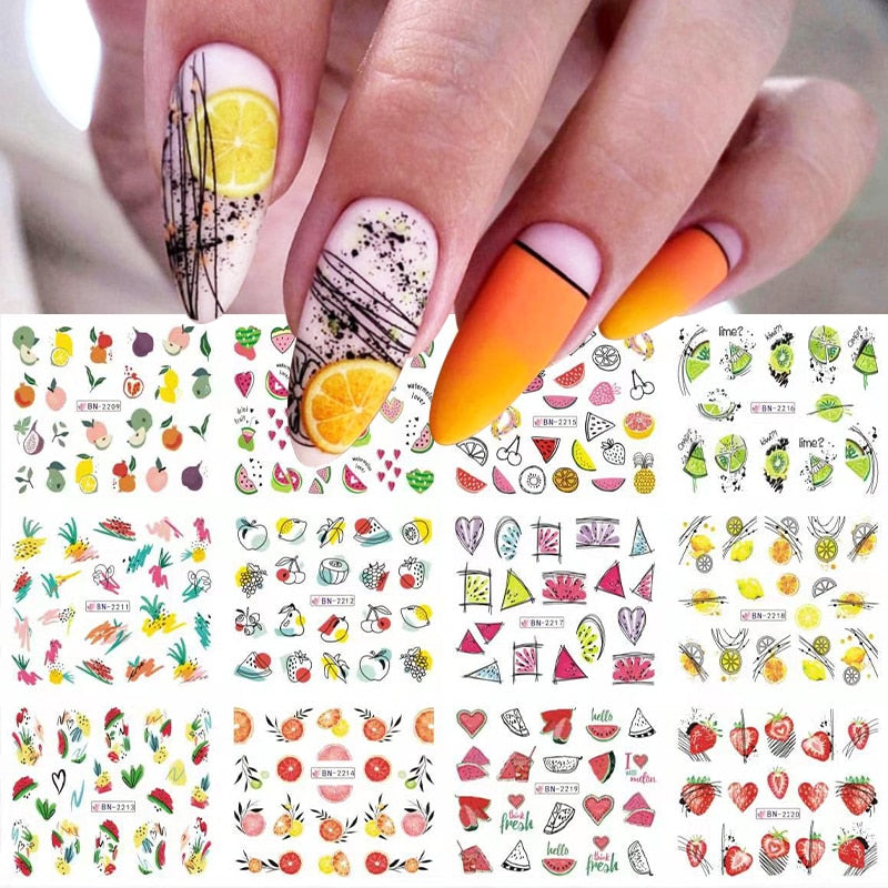 12 Designs Nail Stickers Set Mixed Floral Geometric Nail Art Water Transfer Decals Sliders Flower Leaves Manicures Decoration