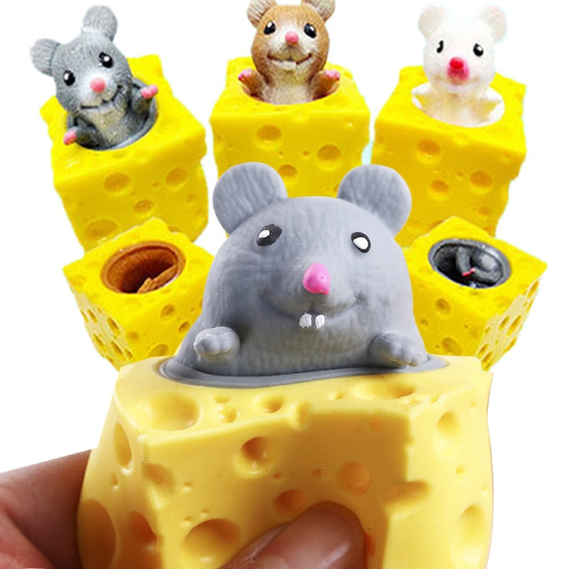 Funny Mouse and Cheese Block Squeeze Anti-stress Toy Hide and Seek Figures Stress Relief Fidget Toys for Kids Adults