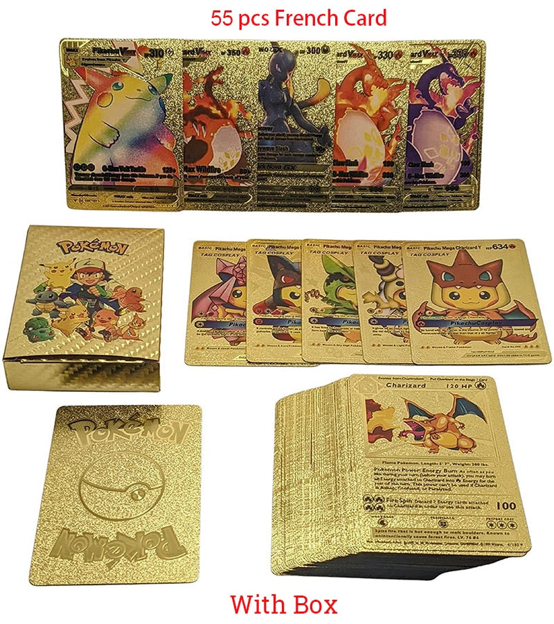 New Pokemon Cards Metal Gold Silver Vmax GX Card Box Charizard Pikachu Rare Collection Battle Trainer Card Children Toys Gift