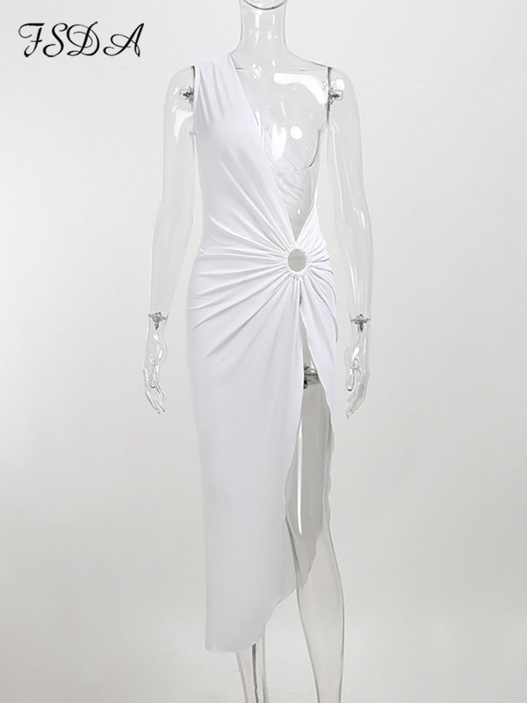FSDA Hollow Out Women Midi Beach Dress White One Shoulder Sleeveless 2022 Summer Y2K Sexy Dresses Bodycon Party Nightclub