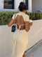 Cutenew Elegant Knitted Short Sleeve Bodycon Maxi Dress Women Summer Sexy Backless Bandage Streetwear Solid Stretch Lady Dresses