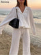 Ladies Shirt Suits Pleated Notched Single-Breasted Female Cardigan Two-Piece Loose Shirts and High-Waist Wide-Leg Pants Sets