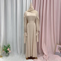 Muslim Fashion Women Islamic Satin Dress Hijab Arabic Pleated Abaya Dubai Balloon Sleeve with Ribbon Eid Mubarak Turkish Dresses