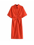 TRAF Women Chic Fashion Button-up Draped Midi Shirt Dress Vintage Short Sleeve Side Zipper Female Dresses Vestidos