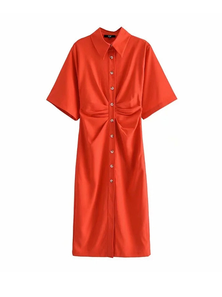 TRAF Women Chic Fashion Button-up Draped Midi Shirt Dress Vintage Short Sleeve Side Zipper Female Dresses Vestidos