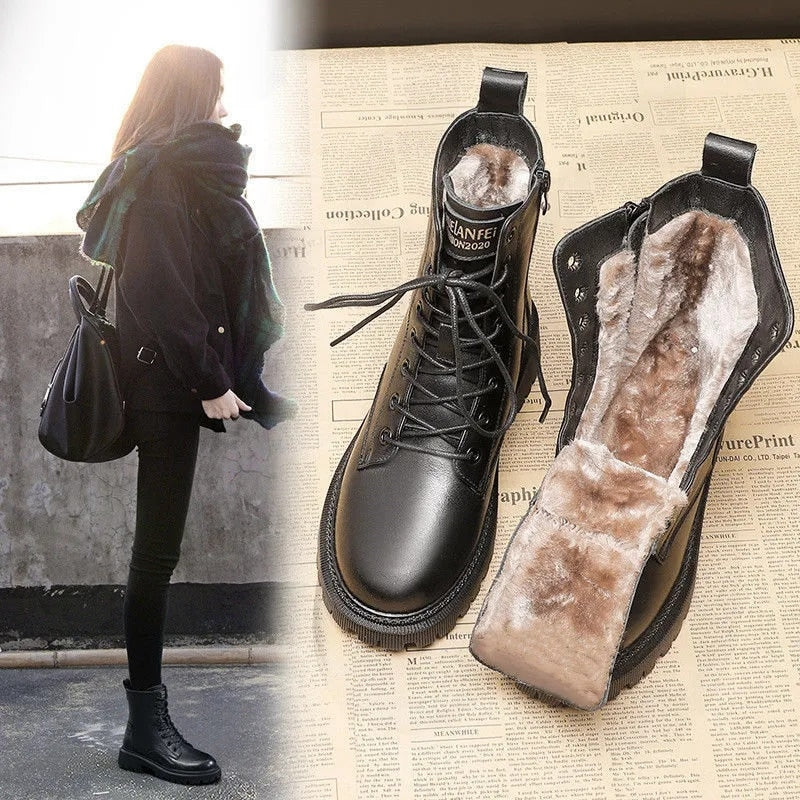 Pofulove Winter Boots Women Shoes Black Leather Boots Fur Ankle Booties Velvet Plush Warm Platform Shoes Fashion Designer Botas