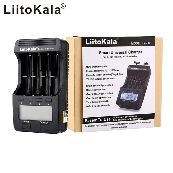 LiitoKala lii-500 LCD 3.7V/1.2V AA/AAA 18650/26650/16340/14500/10440/18500 Battery Charger with screen+12V2A adapter lii500 5V1A