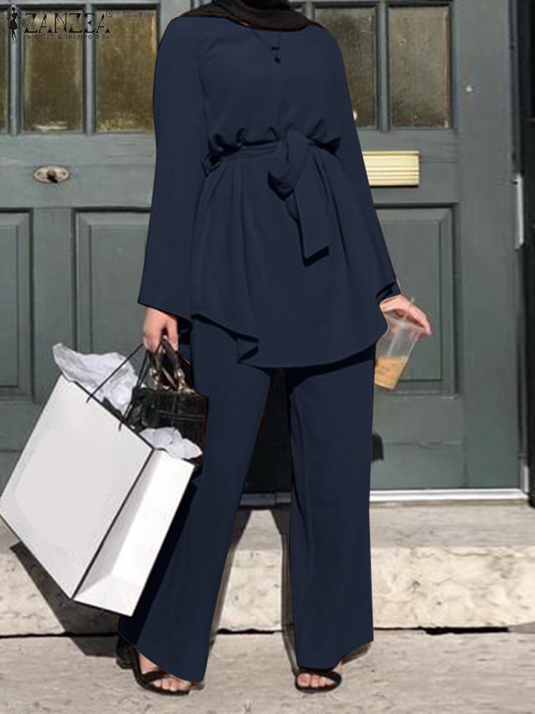 Women Autumn Blouses ZANZEA Fashion Muslim Sets Long Sleeve Turkish Blouses Pants Abaya Solid Islamic Clothing 2PCS Oversized