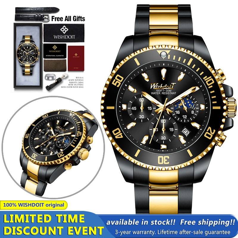 100%Original WISHDOIT Watch for Men TOP Brand Waterproof Sports Stainless Steel Chronograph 2021New Fashion Luxury Wristwatches