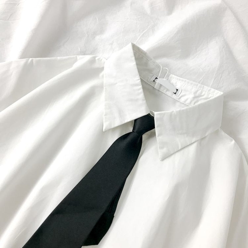 DAYIFUN White Shirts Women with Tie Japanese Style Preppy Students BF Oversized Blouse Simple Solid Loose Summer Top  L3204