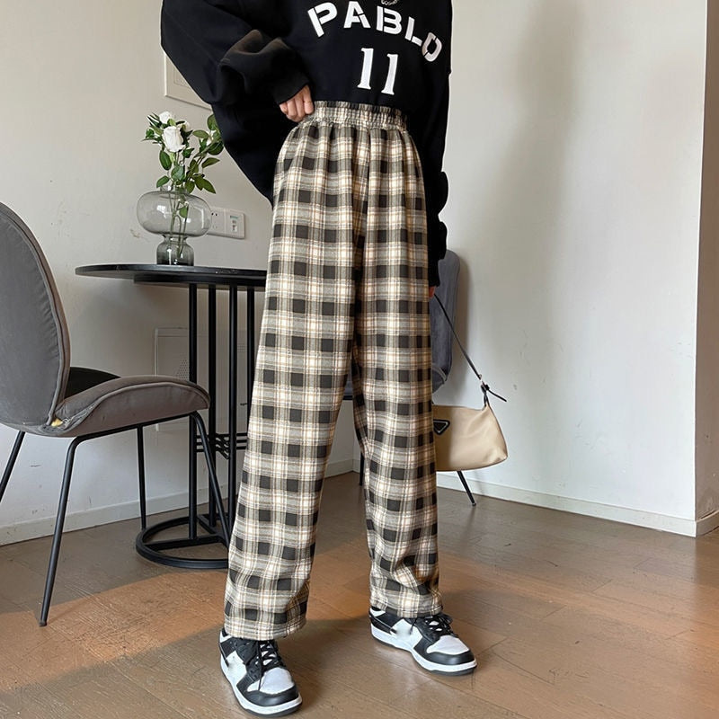 Plaid Thin pants women summer 2022 new high-waisted loose-fitting straight trousers dropshipping tug pants casual pants